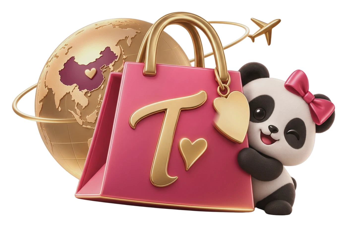 TinaBuy panda beside a Tina shopping bag and globe highlighting China
